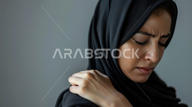 التهاب العضلات والمفاصل والحاجه للعلاج، المعاناة من الآلام والأوجاع العصبية والعضلية، بورتريه مقرب لإمرأة عربيه سعوديه خليجيه ترتدي العباءة والحجاب تضع يدها على كتفها بإيماءات الألم والتعب والأرهاق, خلفية رمادية