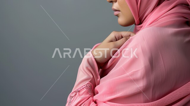 الحاجه للعلاج وطلب المساعده، التهاب العضلات والمفاصل، المعاناة من الآلام والأوجاع العصبية والعضلية، بورتريه مقرب لإمرأة عربيه سعوديه خليجيه ترتدي العباءة والحجاب تضع يدها على كتفها بإيماءات الألم والتعب والأرهاق, خلفية رمادية