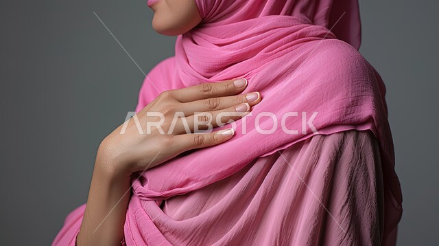 المعاناة من الآلام والأوجاع العصبية والعضلية، التهاب العضلات والمفاصل والحاجه للعلاج، بورتريه مقرب لإمرأة عربيه سعوديه خليجيه ترتدي العباءة والحجاب تضع يدها على كتفها  بإيماءات الألم والتعب والأرهاق, خلفية رمادية