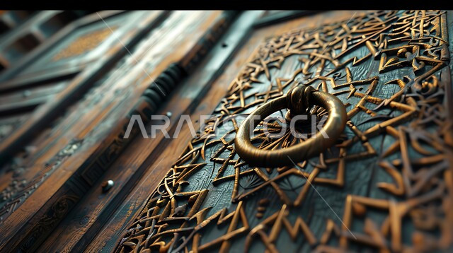 مقرع باب تراثي شعبي قديم، حلقه معدنيه بتصاميم زخرفية، صورة مقربة لمطرقة باب خشبي، طرق الأبواب بالطريقه التقليديه القديمه، منازل عربية سعودية أثرية