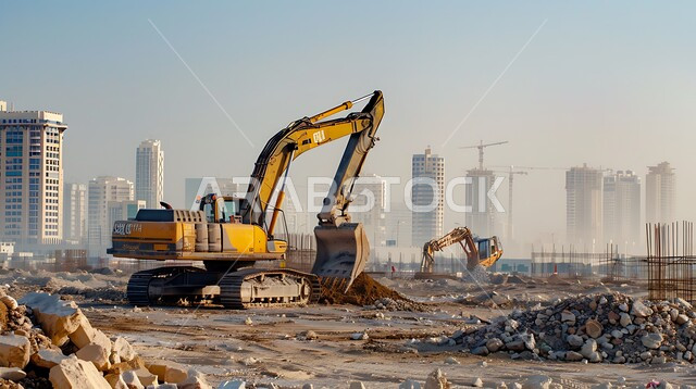 جرافة تعمل على رفع وتعبئة الرمال والحصى في النهار، مفهوم الهندسة والإنشاءات والتطوير، مهن ووظائف هندسية صناعية في السعودية، آلات ومعدات ثقيلة، النمو والتطور العمراني للأبراج وناطحات السحاب