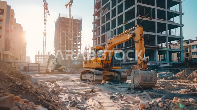 مهن ووظائف هندسية صناعية في السعودية، آلات ومعدات ثقيلة، جرافة تعمل على رفع وتعبئة الرمال والحصى في النهار، مفهوم الهندسة والإنشاءات والتطوير