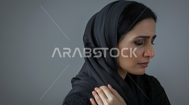المعاناة من الآلام والأوجاع العصبية والعضلية، التهاب العضلات والمفاصل والحاجه للعلاج، بورتريه مقرب لإمرأة عربيه سعوديه خليجيه ترتدي العباءة والحجاب تضع يدها على كتفها بإيماءات الألم والتعب والأرهاق, خلفية رمادية