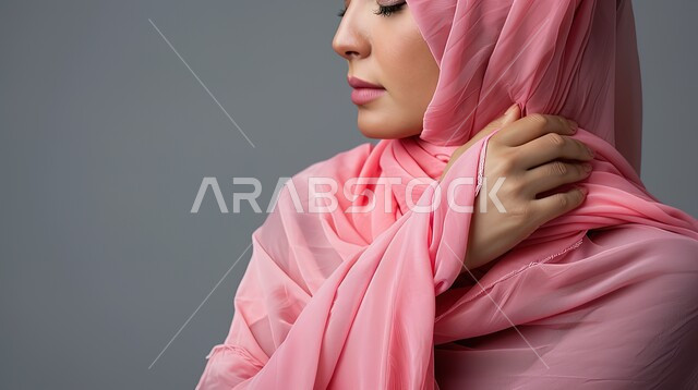 Pain in the neck joints, the need for physical therapy, a feeling of fatigue and exhaustion, various gestures indicating the feeling of pain, a close-up portrait of a veiled Saudi Arabian Gulf woman wearing an abaya, placing her hand on her neck, asking for help and the need for treatment, gray background