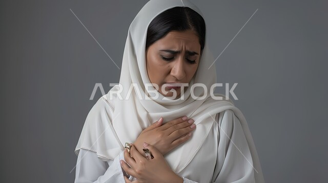 مشاكل صحية صعبة، الذبحه الصدريه حالة مرضية، إيماءات التعب والإرهاق والضغوطات النفسية، بورتريه مقرب لإمرأة عربية سعودية خليجية محجبة ترتدي العباءة  تضع يدها على قلبها تشعر بحالة سيئة من الوخز والألم, خلفية رمادية 