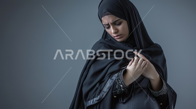 إيماءات التعب والإرهاق والضغوطات النفسية، الذبحه الصدريه حالة مرضية، مشاكل صحية صعبة،  بورتريه مقرب لإمرأة عربية سعودية خليجية محجبة ترتدي العباءة  تضع يدها على قلبها تشعر بحالة سيئة من الوخز والألم, خلفية رمادية 