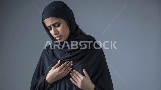 تعابيرالتعب والإرهاق والضغوطات النفسية، الذبحه الصدريه حالة مرضية، مشاكل صحية صعبة،  بورتريه مقرب لإمرأة عربية سعودية خليجية محجبة ترتدي العباءة  تضع يدها على قلبها تشعر بحالة سيئة من الوخز والألم, خلفية رمادية 