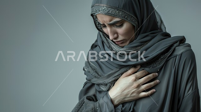 Asking for help and the need for treatment, gestures of fatigue, exhaustion, and psychological pressures, angina, a medical condition, difficult health problems, a close-up portrait of a veiled Saudi Arabian Gulf woman wearing an abaya, placing her hand on her heart, feeling a bad state of tingling and pain, gray background.