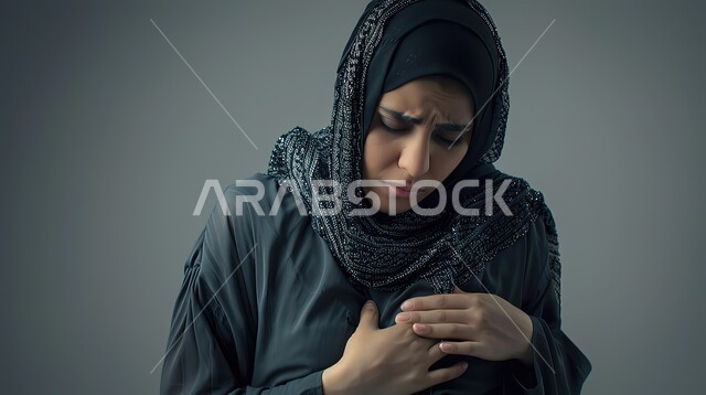 الإرهاق والتعب والإحساس بالمرض، الذبحه الصدريه حالة مرضية، مشاكل صحية صعبة،  بورتريه مقرب لإمرأة عربية سعودية خليجية محجبة ترتدي العباءة  تضع يدها على قلبها تشعر بحالة سيئة من الوخز والألم, خلفية رمادية 