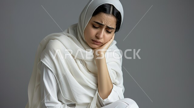  تسوس الأضراس وإلتهاب اللثه، طلب العلاج و المساعده، بورتريه مقرب لامرأه عربيه خليجيه سعوديه محجبة ترتدي العباءة تضع يدها على خدها بإيماءات تدل على الشعور بألم الأسنان، الحاجه لزيارة الطبيب، خلفية رمادية