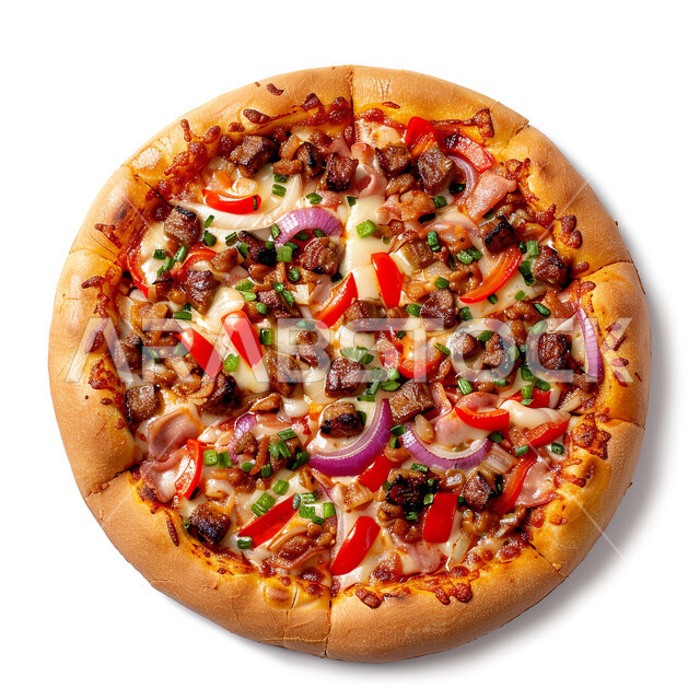 تقديم البيتزا في مطاعم المملكة العربية السعودية, أطباق من المعجنات والمخبوزات، وجبة طعام رئيسية, صورة مقربة لفطيرة البيتزا المخبوزة مع اللحم والجبن، مكونات ووصفات شهية, منتجات محلية وطنية, خلفية بيضاء