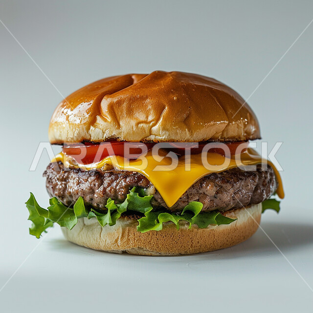 ساندوتش البرجر بقطع اللحم المشوية وشرائح الجبن الذائبة مع الخضراوات الطازجة، مطاعم للمأكولات السريعة في المملكة العربية السعودية، وجبة الهمبرجر اللذيذة، وصفات الطعام الغير صحية