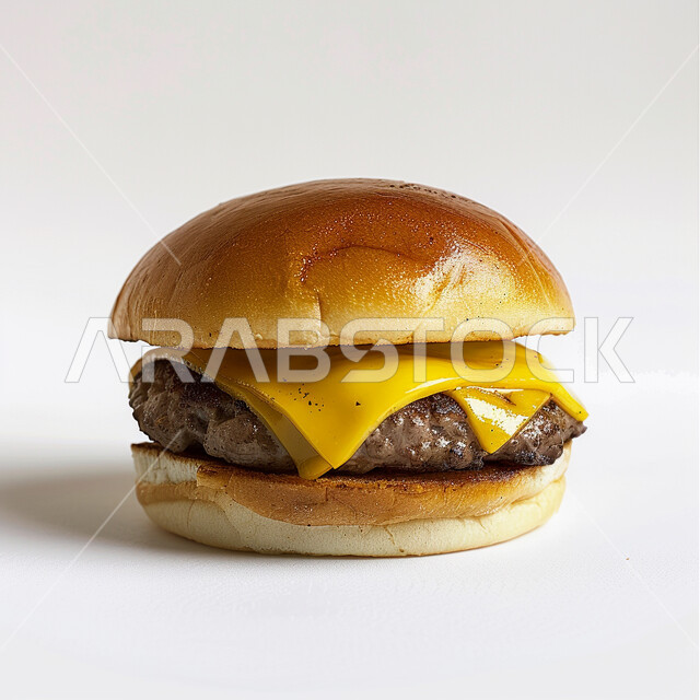 ساندوتش البرجر بقطع اللحم المشوي وشرائح الجبن الذائبة , وصفات الطعام الغير صحية، وجبة الهمبرجر اللذيذة، مطاعم للمأكولات السريعة في المملكة العربية السعودية