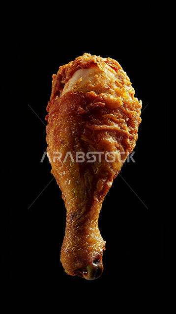 أفخاذ الدجاج المقلي المقرمشة المتطايرة، دجاج البروستد الشهي، مطاعم المأكولات السريعة في المملكة العربية السعودية, وجبات غير صحيه, خلفيه سوداء.