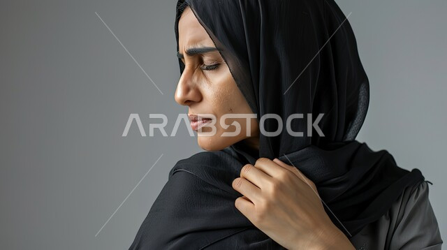 وجع مفاصل الرقبة، الحاجه للعلاج الفيزيائي، الإحساس بالتعب والإرهاق، إيماءات مختلفة تدل على الشعور بالألم، بورتريه مقرب لإمرأة عربية سعودية خليجية محجبة ترتدي العباءة تضع يدها على رقبتها،طلب المساعده والحاجه للعلاج، خلفية رمادية