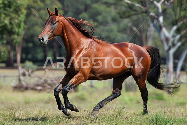 خيل عربي بني أصيل يركض فوق العشب، شغف الفروسية وهواية ركوب الأحصنة، اتباع تقاليد الأجداد في رعاية وتربية الجياد في المحميات الطبيعة في المملكة العربية السعودية، توارث محبة الخيول بين ابناء الوطن
