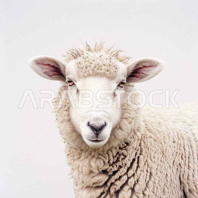 أعياد دينيه إسلاميه, رسوم توضيحية ثري دي لحيوان ثدي أليف، قربان و أضحية عيد الاضحى المبارك، مجسم ثلاثي الابعاد لحيوان الخاروف الابيض المبتسم، خلفية بيضاء