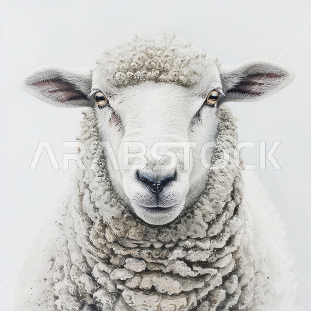  مجسم ثلاثي الابعاد لحيوان الخاروف مبتسم بالأبيض والأسود، أعياد دينيه إسلاميه, رسوم توضيحية ثري دي لحيوان ثدي أليف، قربان و أضحية عيد الاضحى المبارك، خلفية بيضاء