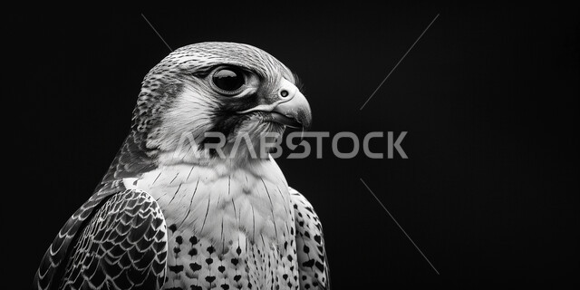   تدريب الحيوانات المفترسة في إحدى المحميات الطبيعيه، إقامة نادي الصقور في موسم الصيد السنوي في المملكة العربية السعودية، الفخر بالتراث السعودي العريق في تربيه وترويض الطيور الجارحة، صورة مقربة بالأبيض والأسود لطائر الصقر، خلفية بيضاء