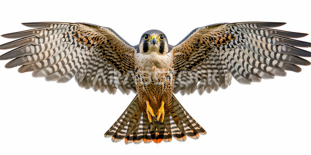 A symbol of strength and challenge, sharpness of sight, training predatory animals in a natural reserve, holding a falconry club during the annual hunting season in the Kingdom of Saudi Arabia, pride in the ancient Saudi heritage in raising and taming birds of prey, a close-up photo of a falcon bird, white background.