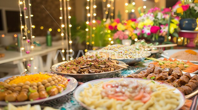  مائدة طعام مليئة بالوجبات المتنوعة الرمضانية، سفرة من المأكولات الشعبية التقليدية الشهية، أجواء شهر رمضان المبارك، العزائم والولائم في الأعياد والمناسبات الإسلامية، المقبلات والأطباق والأصناف العربية الشرقية اللذيذة