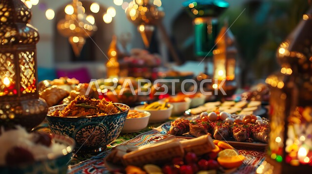وليمة العيد السعيد، سفرة رمضان المليئة بأصناف المأكولات الشرقية والمقبلات العربية الشهية, تزيين الطاولات بالفوانيس للاحتفال بقدوم شهر الخير, إفطار الصائم في رمضان المبارك