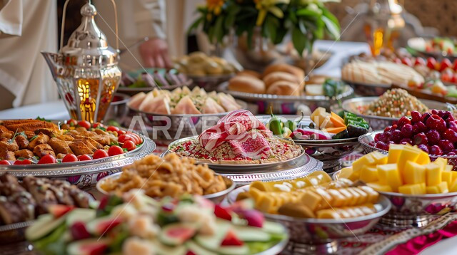 تزيين الطاولات بالفوانيس للاحتفال بقدوم شهر الخير، أجواء شهر رمضان المبارك، سفرة من المأكولات الشعبية التقليدية، مائدة طعام مليئة بالوجبات المتنوعة الرمضانية، العزائم والولائم في الأعياد والمناسبات الإسلامية، المقبلات والأطباق والأصناف العربية الشرقية اللذيذة