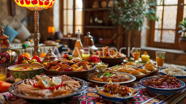 أنواع الأطعمة الشرقية العربية في موائد شهر رمضان المبارك، موعد الإفطار عند اذان المغرب، مطاعم ومطابخ المملكة العربية السعودية، سفرة مليئة بأصناف المأكولات والمقبلات الشهية، الوجبات والأطباق الرئيسية على مائدة الطعام