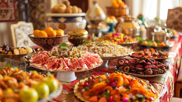 الوجبات والأطباق الرئيسية على مائدة الطعام، أنواع الأطعمة الشرقية العربية في موائد شهر رمضان المبارك، موعد الإفطار عند اذان المغرب، مطاعم ومطابخ المملكة العربية السعودية، سفرة مليئة بأصناف المأكولات والمقبلات الشهية