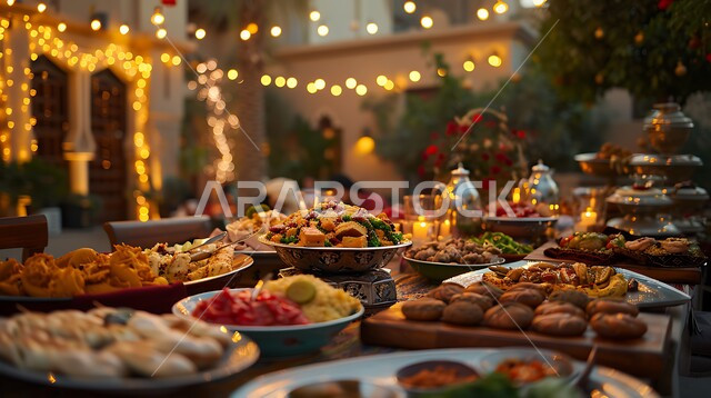 زينة وأنوار الشهر الفضيل، الوجبات والأطباق الرئيسية على مائدة الطعام، أنواع الأطعمة الشرقية العربية في موائد شهر رمضان المبارك، موعد الإفطار عند اذان المغرب، مطاعم ومطابخ المملكة العربية السعودية، سفرة مليئة بأصناف المأكولات والمقبلات الشهية