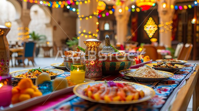 أنوار وزينة الشهر الفضيل، الوجبات والأطباق الرئيسية على مائدة الطعام، أنواع الأطعمة الشرقية العربية في موائد شهر رمضان المبارك، موعد الإفطار عند اذان المغرب، مطاعم ومطابخ المملكة العربية السعودية، سفرة مليئة بأصناف المأكولات والمقبلات الشهية