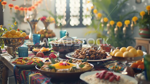 أنواع الأطعمة الشرقية العربية في موائد شهر رمضان المبارك، موعد الإفطار عند اذان المغرب، مطاعم ومطابخ المملكة العربية السعودية، سفرة مليئة بأصناف المأكولات والمقبلات الشهية، الوجبات والأطباق الرئيسية على مائدة الطعام