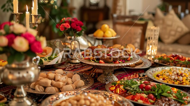 Iftar time at the Maghrib call to prayer, types of oriental Arab foods on the tables of the holy month of Ramadan, restaurants and kitchens in the Kingdom of Saudi Arabia, a table full of delicious types of food and appetizers, meals and main dishes on the dining table.