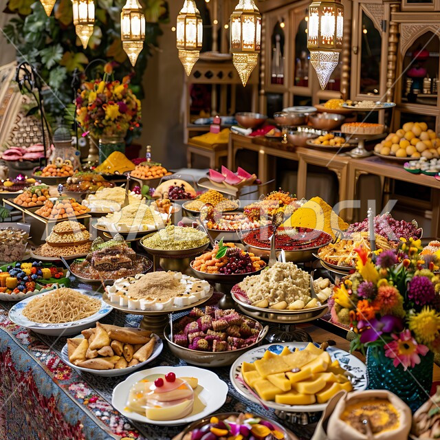  العزائم والولائم في الأعياد والمناسبات الإسلامية، المقبلات والأطباق والأصناف العربية الشرقية اللذيذة، مائدة طعام مليئة بالوجبات المتنوعة الرمضانية، سفرة من المأكولات الشعبية التقليدية الشهية، أجواء شهر رمضان المبارك