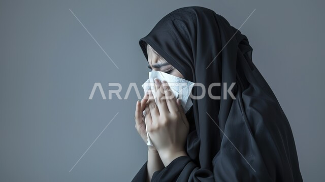 الشعور بالمرض والحزن والبكاء, أعراض كورونا (كوفيد-19)، بورتريه مقرب لإمرأة عربية سعودية خليجية محجبة ترتدي العباءة تقوم بالعطاس, استخدام المناديل الورقيه أثناء العطس, الحاجة الى العلاج والدواء، خلفية رمادية
