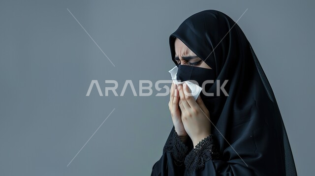 استخدام المناديل الورقيه أثناء العطس, الشعور بالمرض والحزن والبكاء, أعراض كورونا (كوفيد-19)، بورتريه مقرب لإمرأة عربية سعودية خليجية محجبة ترتدي العباءة تقوم بالعطاس, الحاجة الى العلاج والدواء، خلفية رمادية