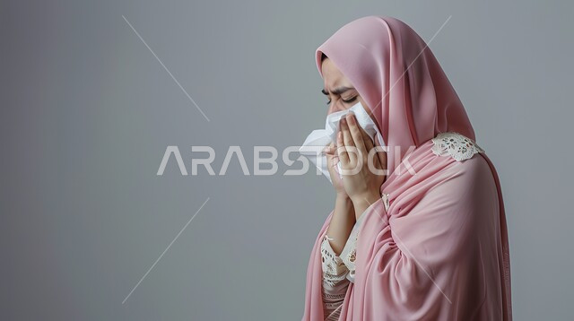 التهابات الأنف التحسسية، استخدام المناديل الورقيه أثناء العطس, الشعور بالمرض والحزن والبكاء, أعراض كورونا (كوفيد-19)، بورتريه مقرب لإمرأة عربية سعودية خليجية محجبة ترتدي العباءة تقوم بالعطاس, الحاجة الى العلاج والدواء، خلفية رمادية