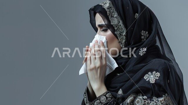 استعمال المناديل الورقيه أثناء العطس, التهابات الأنف التحسسية، الشعور بالمرض والحزن والبكاء, أعراض كورونا (كوفيد-19)، بورتريه مقرب لإمرأة عربية سعودية خليجية محجبة ترتدي العباءة تقوم بالعطاس, الحاجة الى العلاج والدواء، خلفية رمادية
