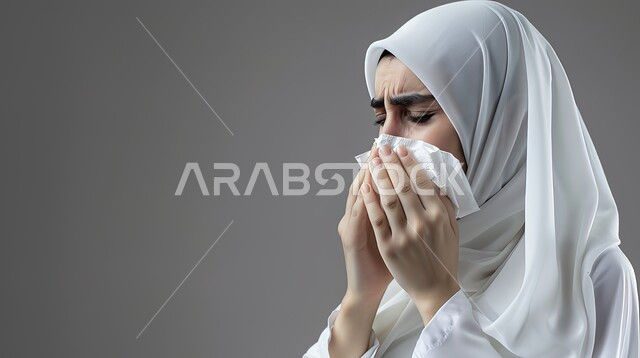 الحاجة الى العلاج والدواء، استعمال المناديل الورقيه أثناء العطس, التهابات الأنف التحسسية، الشعور بالمرض والحزن والبكاء, أعراض كورونا (كوفيد-19)، بورتريه مقرب لإمرأة عربية سعودية خليجية محجبة ترتدي العباءة تقوم بالعطاس, الحاجة الى العلاج والدواء، خلفية رمادية