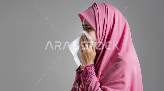 الإصابة بنزلة برد، استعمال المناديل الورقيه أثناء العطس, التهابات الأنف التحسسية، الشعور بالمرض والحزن والبكاء, أعراض كورونا (كوفيد-19)، بورتريه مقرب لإمرأة عربية سعودية خليجية محجبة ترتدي العباءة تقوم بالعطاس, الحاجة الى العلاج والدواء، خلفية رمادية