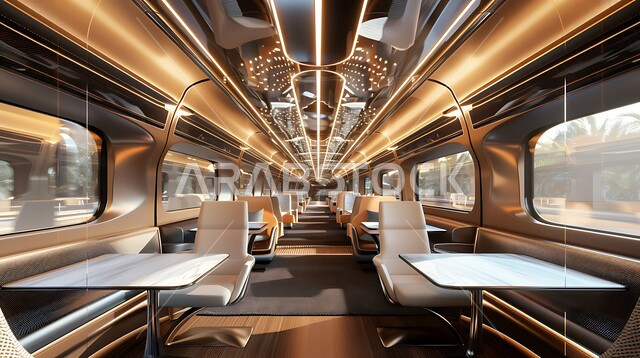 تصميم داخلي عصري وأنيق لقطار في المملكة العربية السعودية، مقاعد ووسائل مريحة ومتطورة، وسائل النقل والمواصلات، التصاميم و الديكورات الهندسية المعمارية الداخلية العصرية