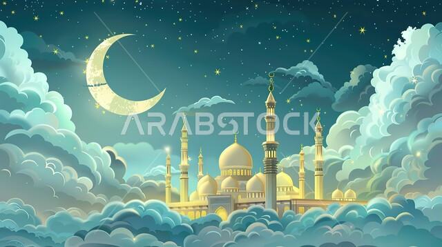 ظهور هلال شهر رمضان المبارك، الديكورات والتصاميم الهندسية المميزة، رسومات توضيحية ثلاثية الابعاد لمسجد بين الغيوم في وقت الليل، المآذن والقبب المزخرفه للمساجد الإسلامية، العبادة والتقرب إلى الله تعالى