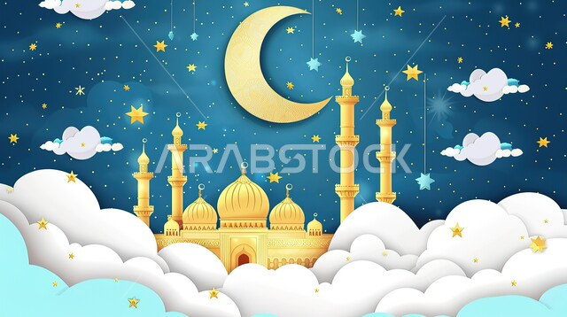 الديكورات والتصاميم الهندسية المميزة، ظهور هلال شهر رمضان المبارك، رسومات توضيحية ثلاثية الابعاد لمسجد بين الغيوم في وقت الليل، المآذن والقبب المزخرفه للمساجد الإسلامية، العبادة والتقرب إلى الله تعالى