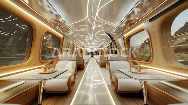 الفن الهندسي الحديث في تصميم الديكورات الداخلية, قطار عصري فائق السرعة, مقاعد مريحة وأنيقة, تطور وسائل النقل في المملكة العربية السعودية, السفر براحة وأمان