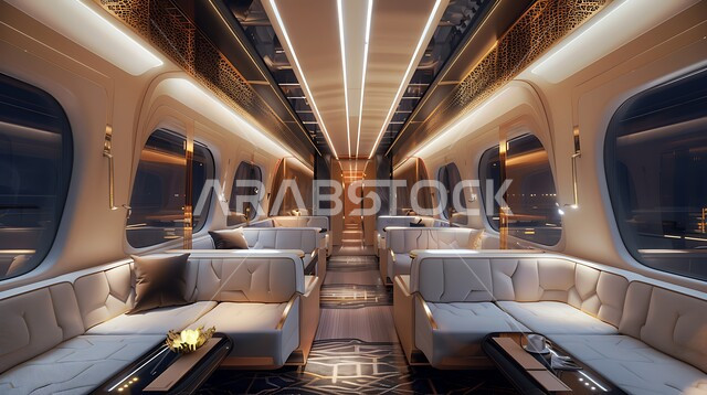  تصميم الديكورات الداخلية على الطراز الهندسي الحديث, قطار عصري فائق السرعة, مقاعد مريحة وأنيقة, تطور وسائل النقل في المملكة العربية السعودية, السفر براحة وأمان