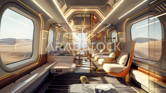 Means of transportation in the Kingdom of Saudi Arabia, a modern high-speed train, comfortable and elegant seats, traveling in comfort and safety, modern engineering art in interior design