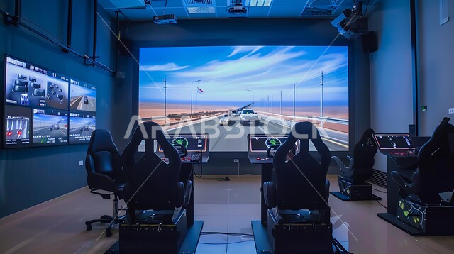 شاشات عرض كبيرة تحاكي الواقع ومقاعد للقيادة, الطرق المتطورة في تعليم قيادة السياراتفي المملكة العربية السعودية, مدرسة مجهزة بأحدث أجهزة المحاكاة ومرافق التدريب للسائقين السعوديين الطموحين الجدد
