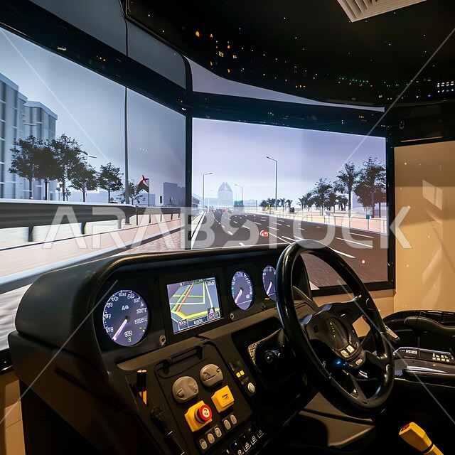 دمج التكنولوجيا الحديثة في مجال تعلم قيادة السيارات في المملكة العربية السعودية, مدرسة متطورة ومجهزة بشكل كامل بأجهزة تحاكي الواقع, مقود ولوحات وعدادات إشارة, شاشة كبيرة تعرض الطريق والشوارع, التدرب بسلامة وأمان