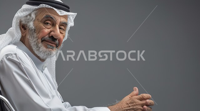 تعابير الرجولة وقوة الشخصية، ملابس وأزياء عربية سعودية، النظر إلى الكاميرا بايماءات السعادة والسرور، الاهتمام بالمظهر الخارجي والأناقة، بورتريه مقرب لرجل عربي خليجي سعودي مبتسم يرتدي الزي التقليدي والغتره، خلفية رمادية