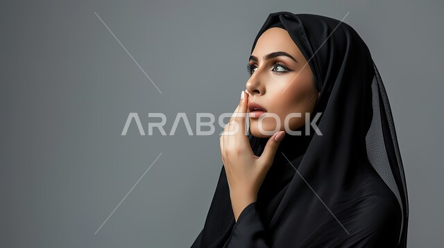 Trying to find a solution to a problem, contemplating, concentrating and planning for the future, close-up portrait from the side of a veiled Saudi Gulf Arab woman wearing a black abaya, placing her hand on her chin and looking with gestures of thought and contemplation, gray background